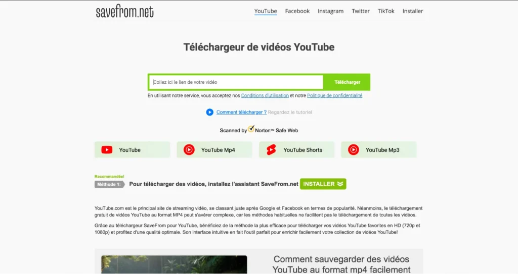 Capture d'écran du site savefrom.net